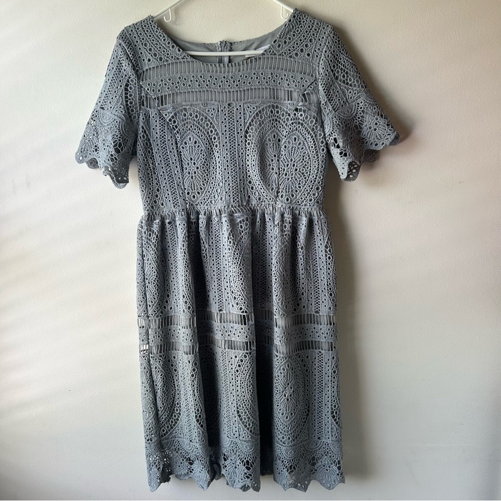 Stevie Hender Modest Midi Dress Lace Crochet Short Sleeve Light Blue L - Picture 2 of 9